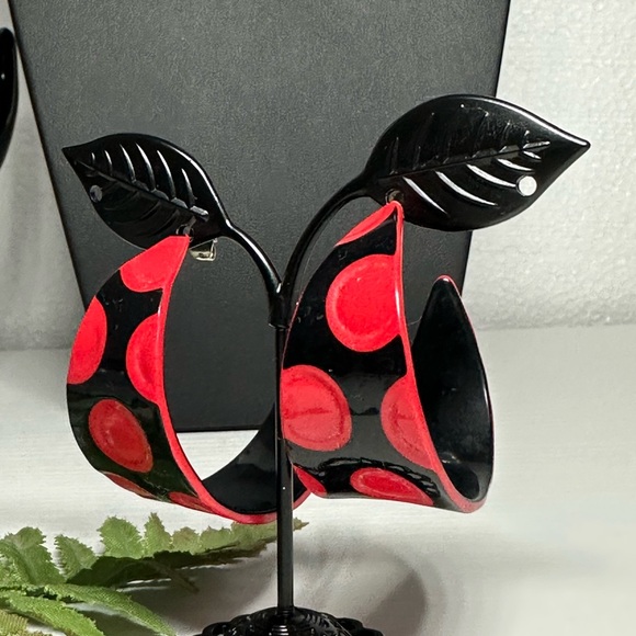 Large Half Moon Red Black Dot Women's Earrings - Picture 1 of 6